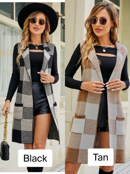 Plaid Lapel Collar Sleeveless Cardigan