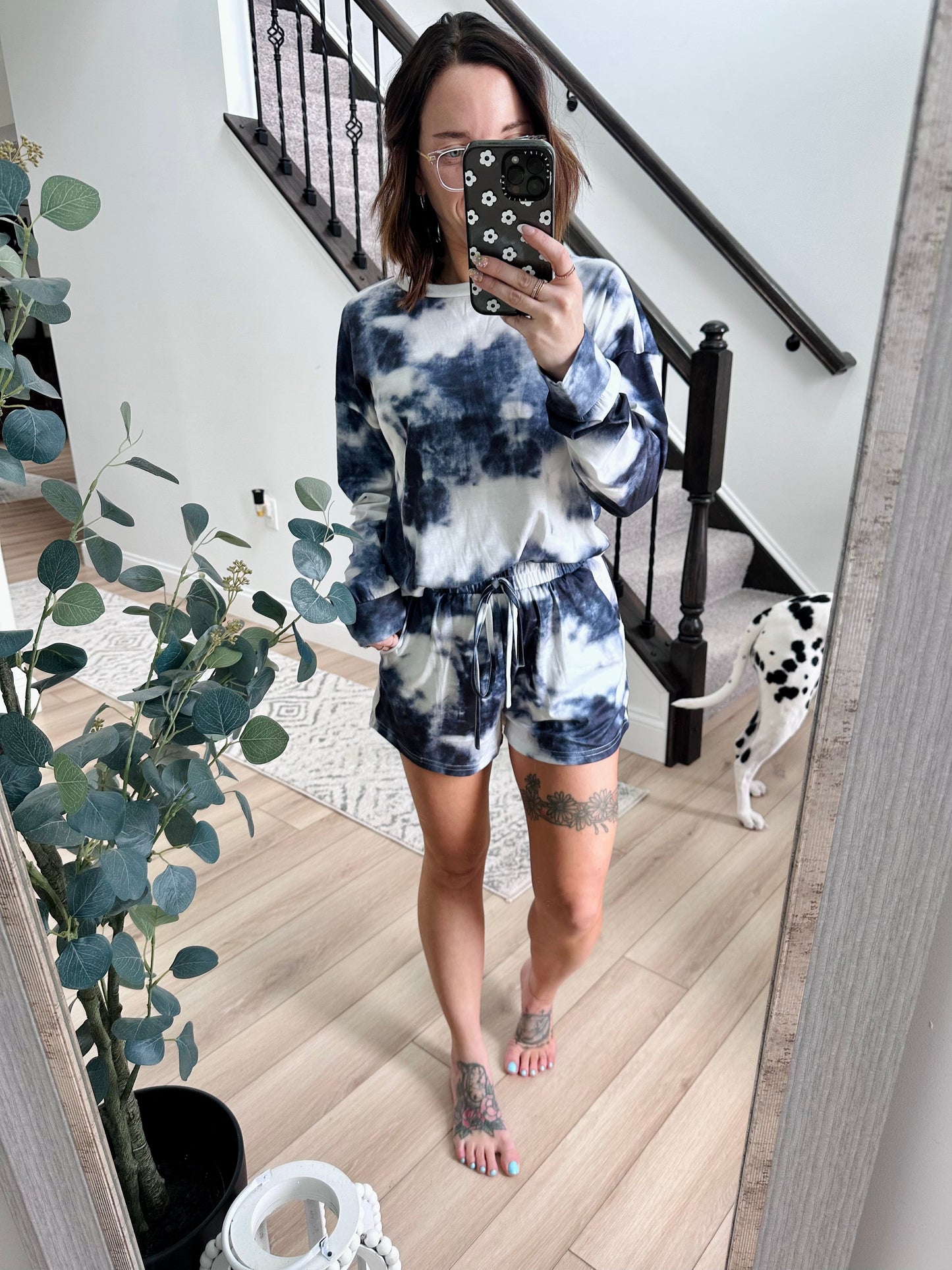 Double Take Tie-Dye Round Neck Top and Shorts Lounge Set
