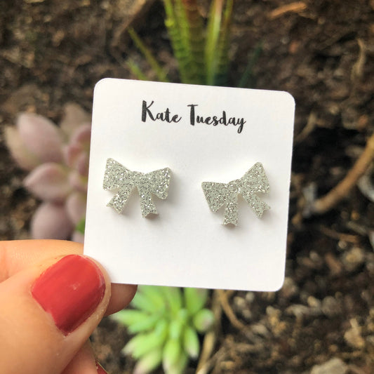 Sparkly Silver Bow Acrylic Earrings