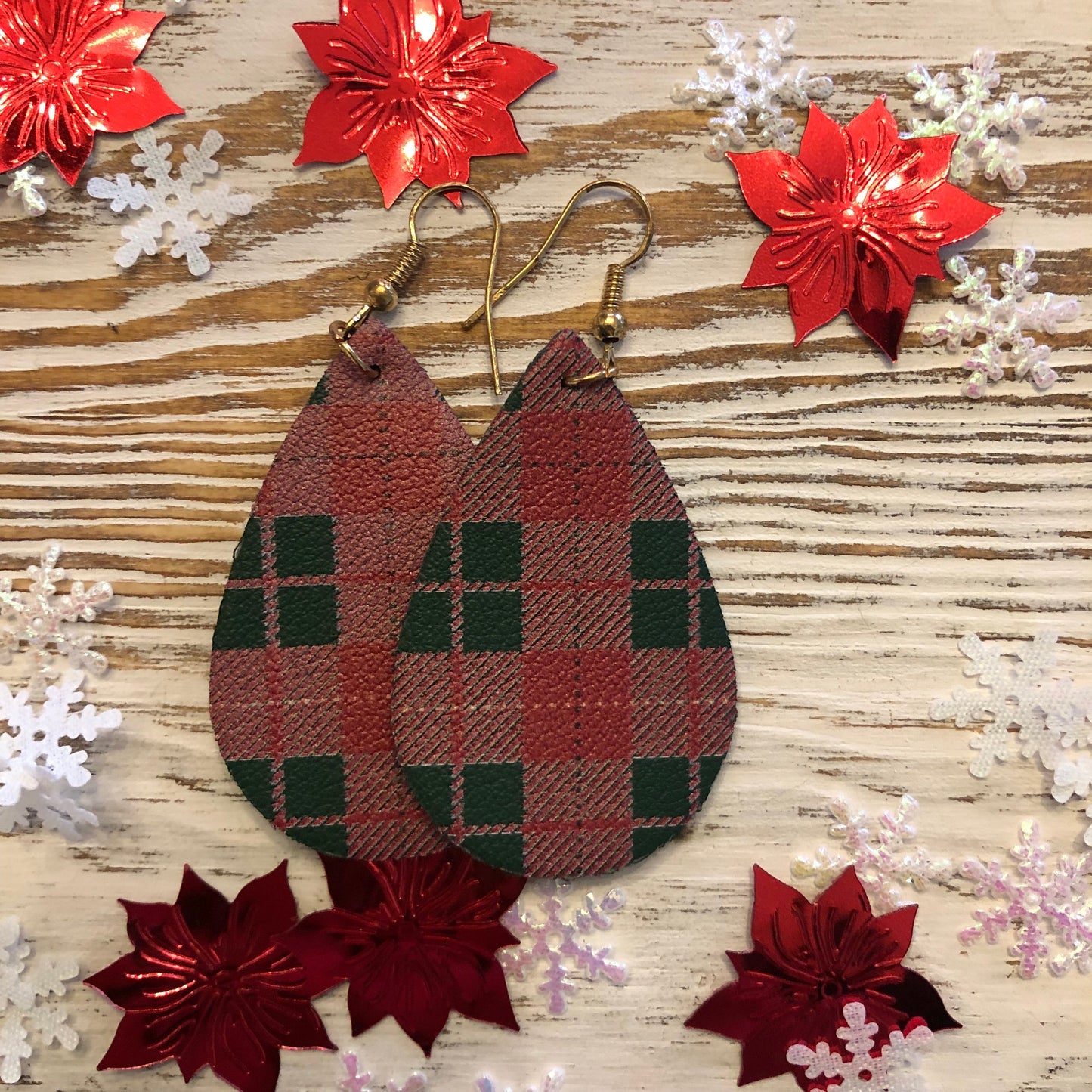 Small Dark Plaid Holiday Leather Earrings