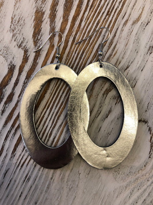 Silver Leather Hoops Hang Earrings