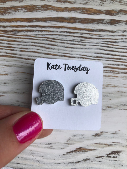 Silver Football Helmet Sparkly Stud Acrylic Earrings