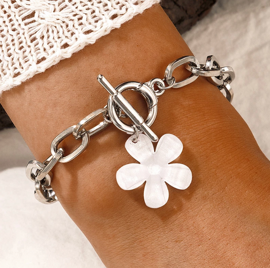 Silver Chunky White Flower Bracelet