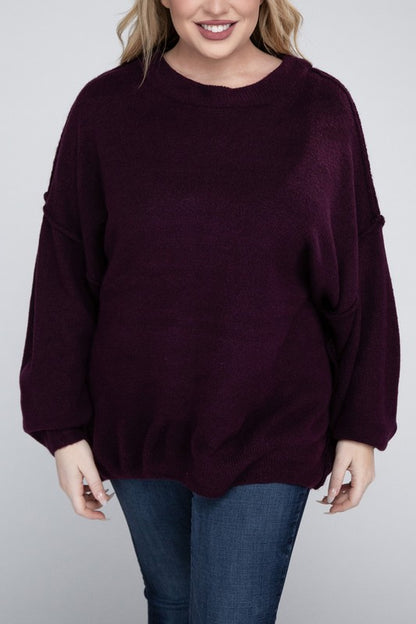 Plus Oversized Round Neck Raw Seam Melange Sweater