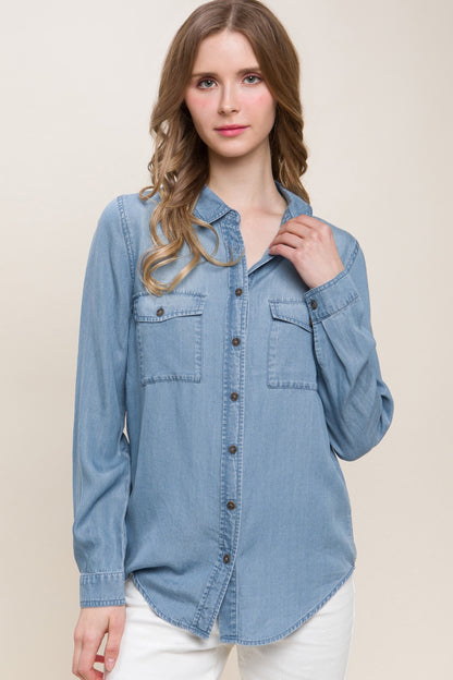 Love Tree Chambray Button Up Denim Shirt