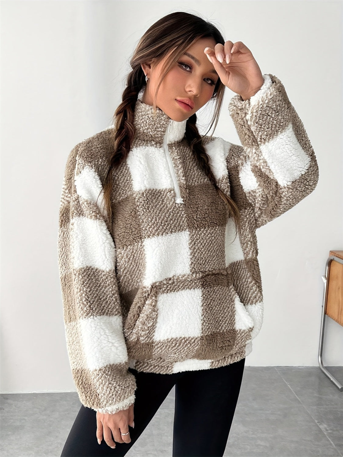 Plaid Half Zip Long Sleeve Teddy Sweatshirt (size up 1 for a looser fit)