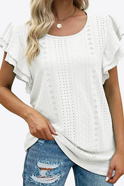 Round Neck Layered Flutter Sleeve Blouse