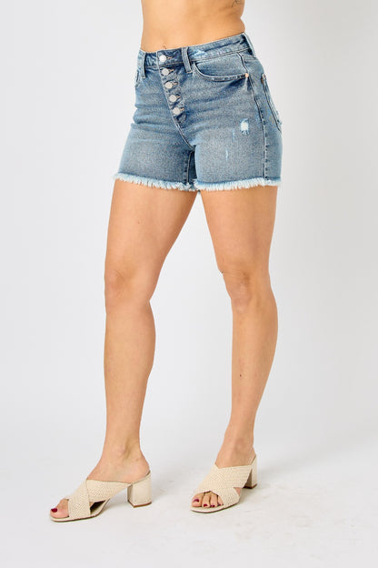 Judy Blue Button Fly Raw Hem Denim Shorts Style 150206
