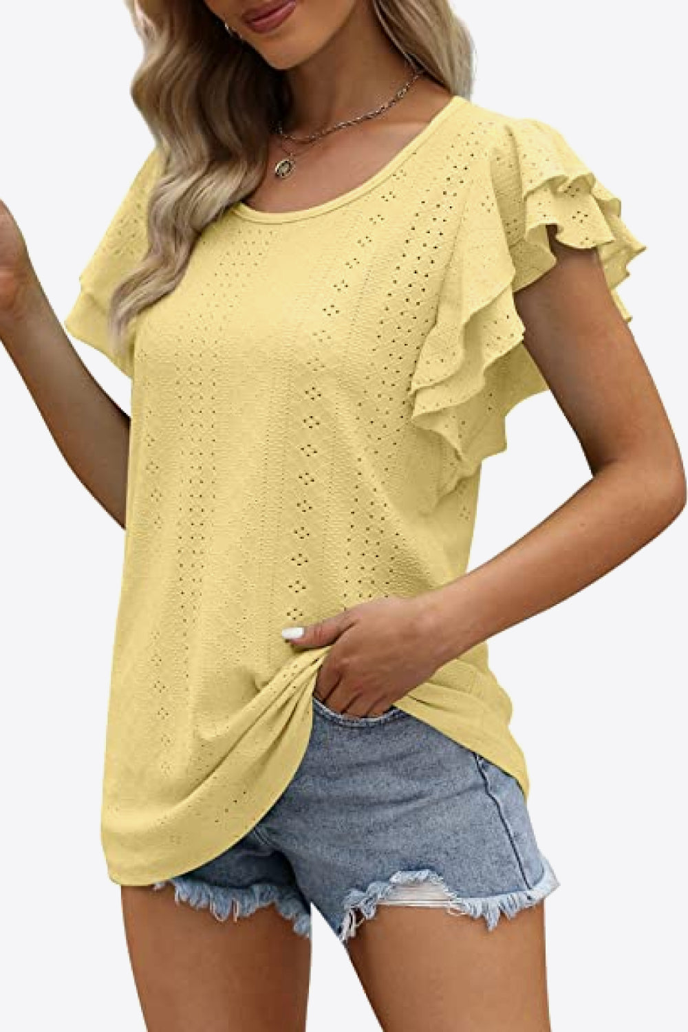 Round Neck Layered Flutter Sleeve Blouse