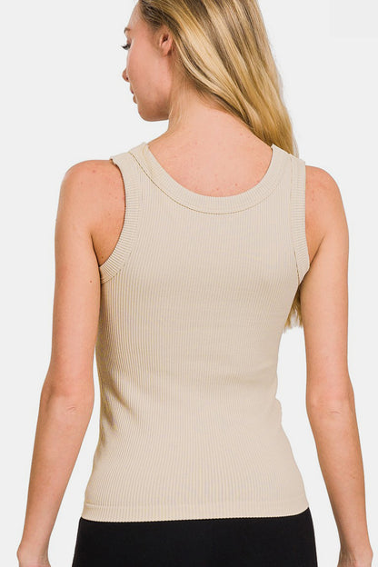 Zenana 2 Way Neckline Washed Ribbed Tank - Sand Beige