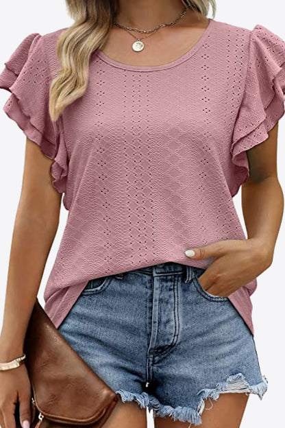 Round Neck Layered Flutter Sleeve Blouse