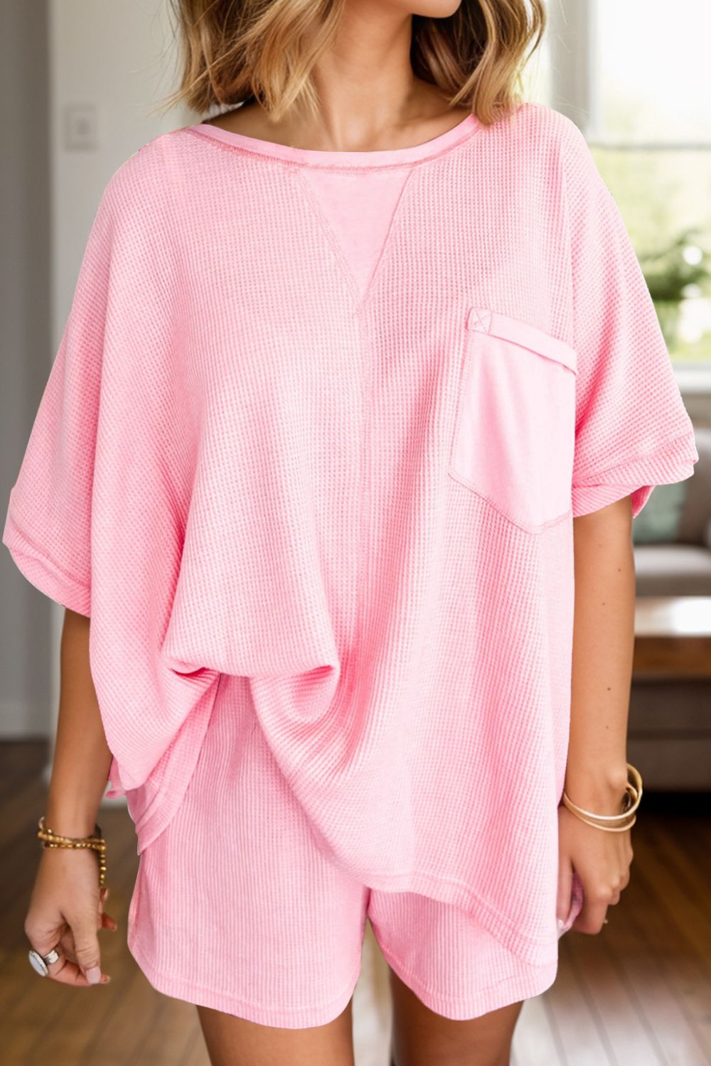 On A Daily Basis Waffle- Knit Top and Shorts Set