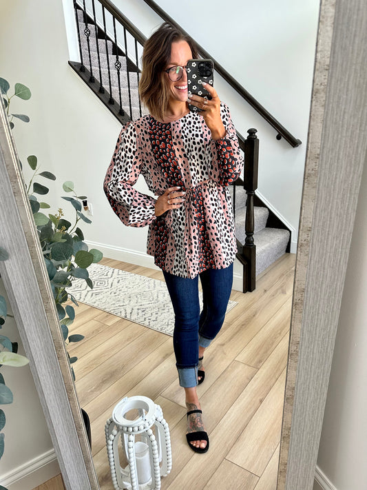 Animal Print Balloon Sleeve Blouse