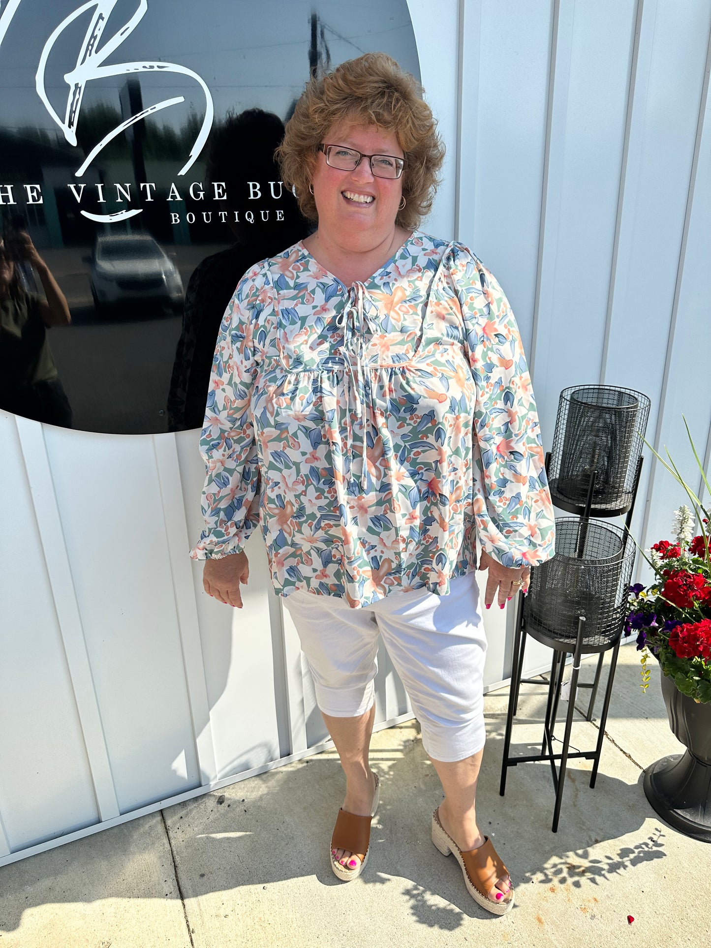 Floral Tie-Neck Long Balloon Sleeve Blouse