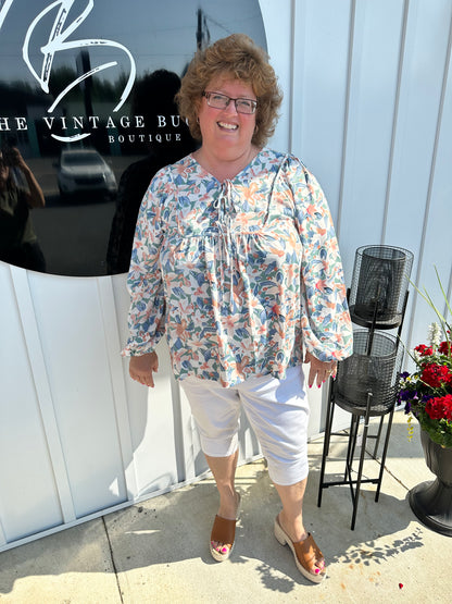 Floral Tie-Neck Long Balloon Sleeve Blouse