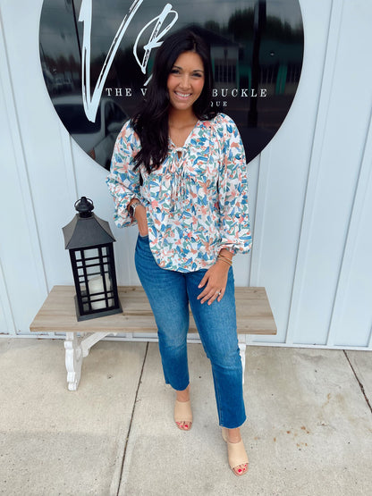 Floral Tie-Neck Long Balloon Sleeve Blouse