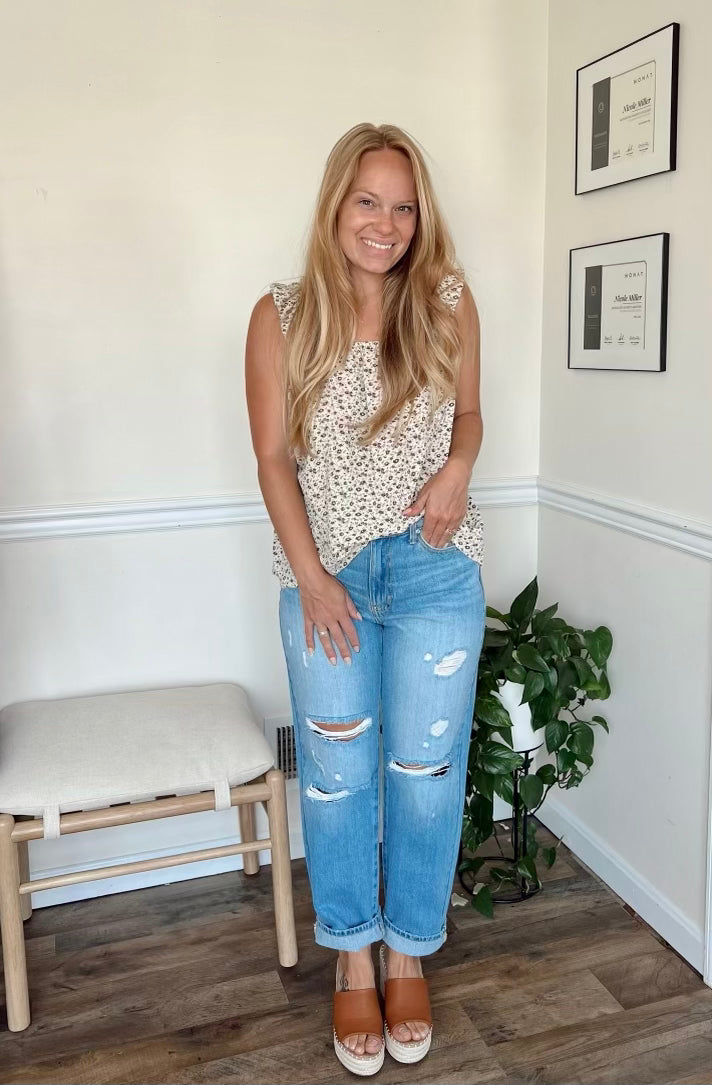 Ditsy Floral Ruffled Square Neck Sleeveless Tank