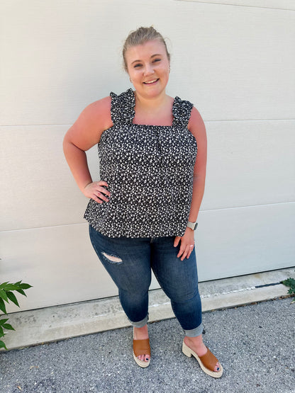 Ditsy Floral Ruffled Square Neck Sleeveless Tank