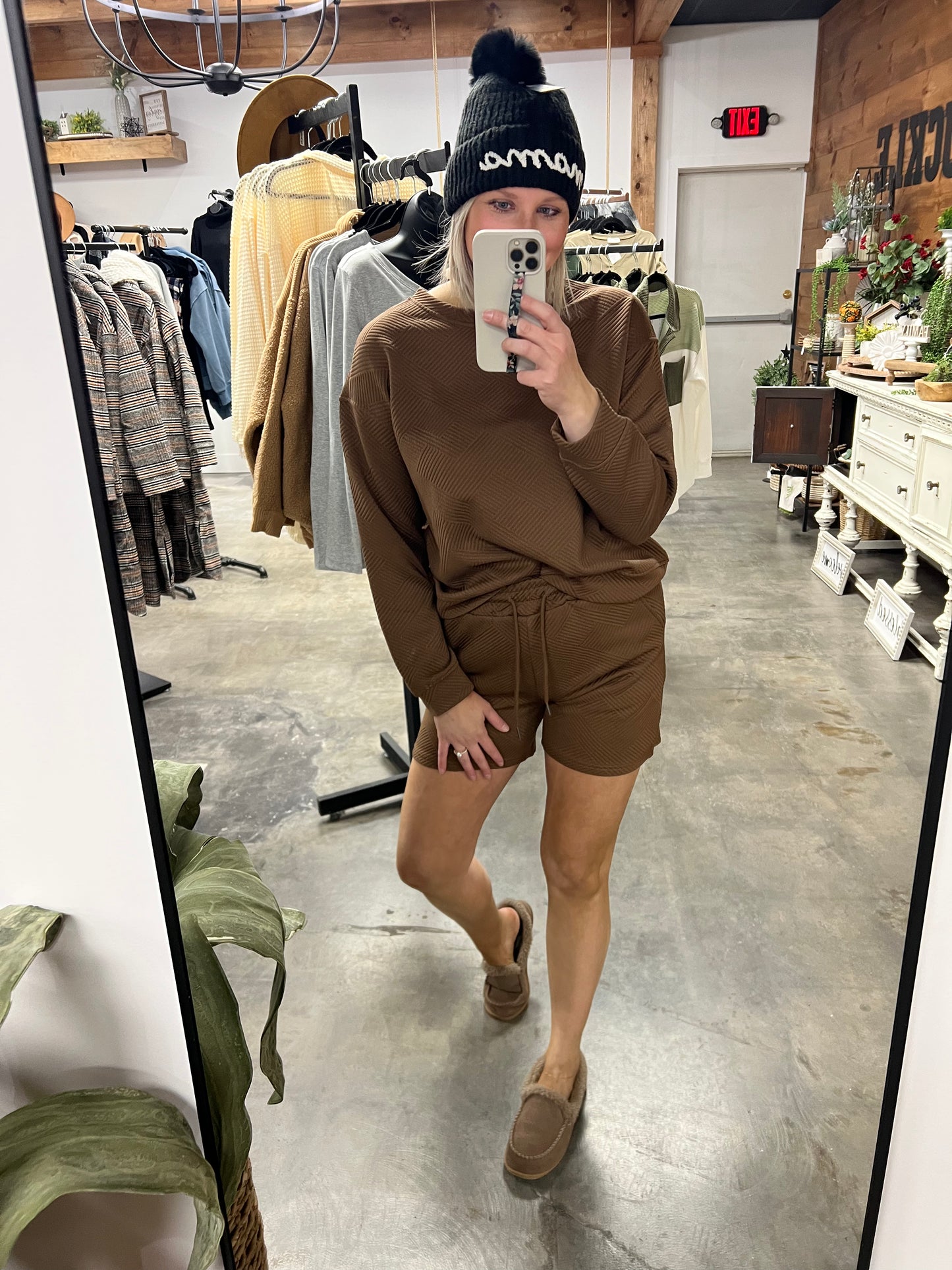 Double Take Full Size Texture Long Sleeve Top and Drawstring Shorts Set