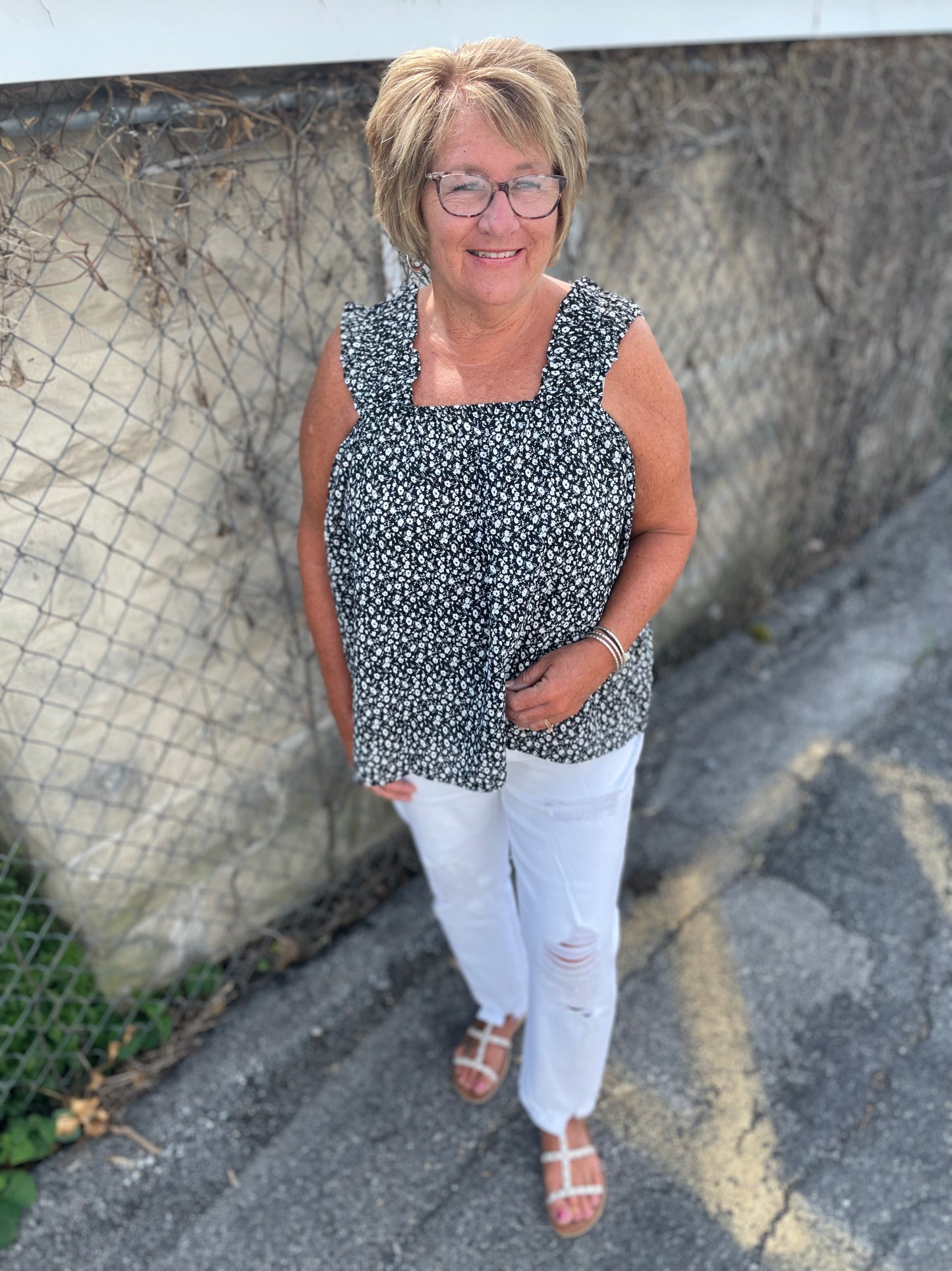 Ditsy Floral Ruffled Square Neck Sleeveless Tank