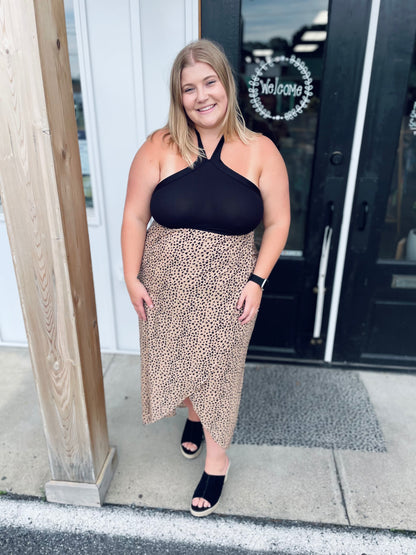 Leopard Two-Tone Halter Neck Split Dress