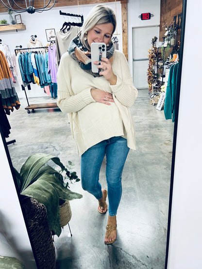 V-Neck Dropped Shoulder Ribbed Long Sleeve Sweater