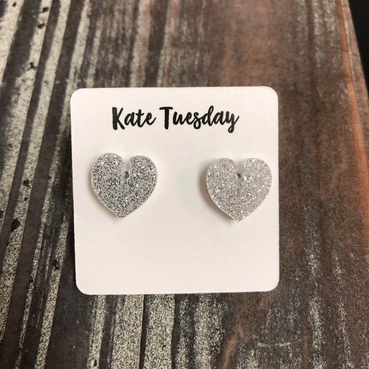 Silver Broken Heart Glitter Stud Earrings