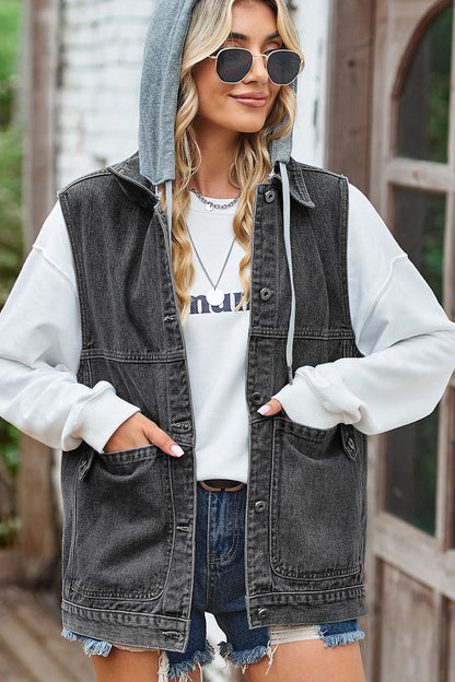 Sleeveless Hooded Denim Jacket with Pockets