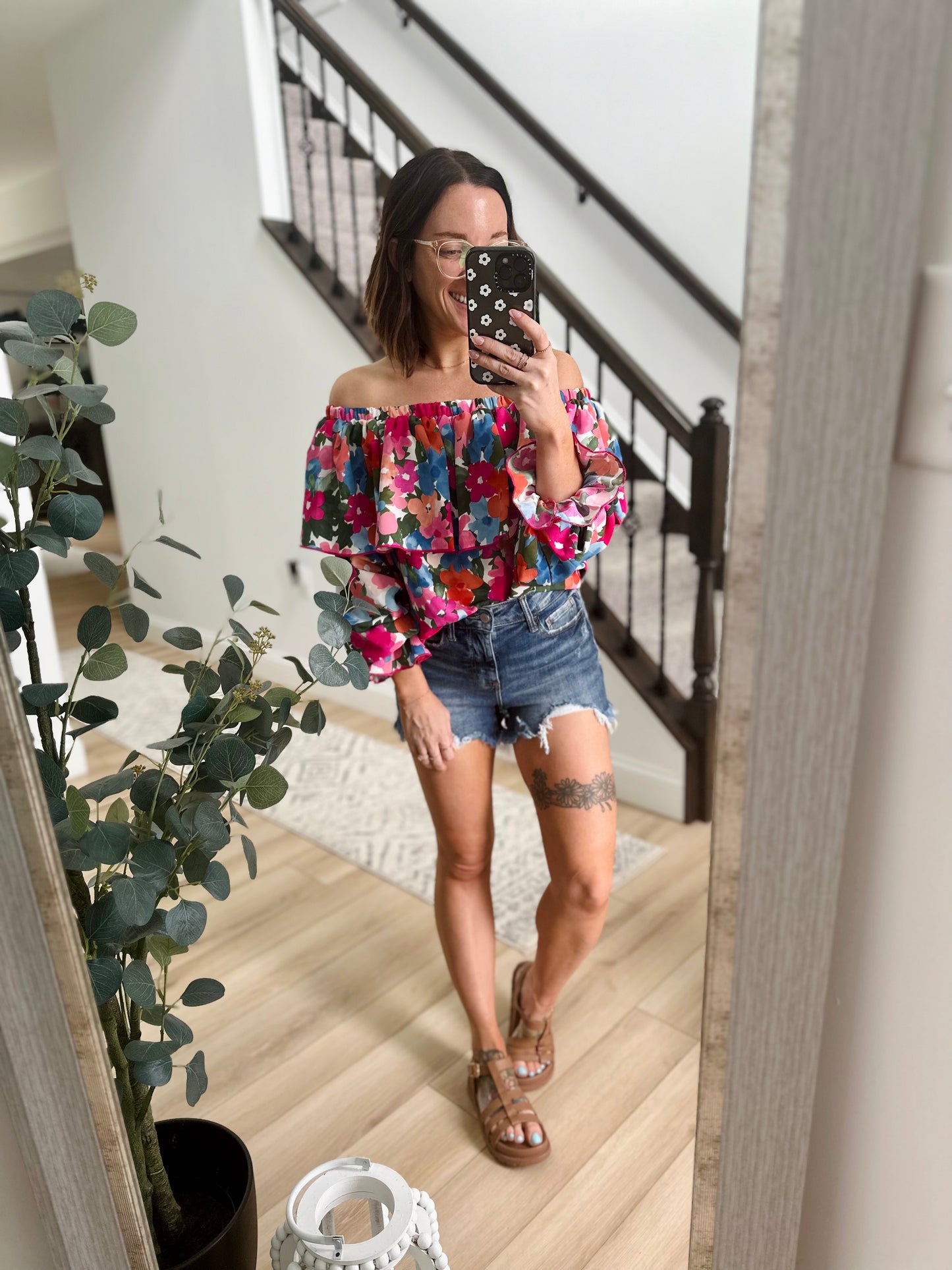 Floral Off-Shoulder Flounce Sleeve Layered Blouse