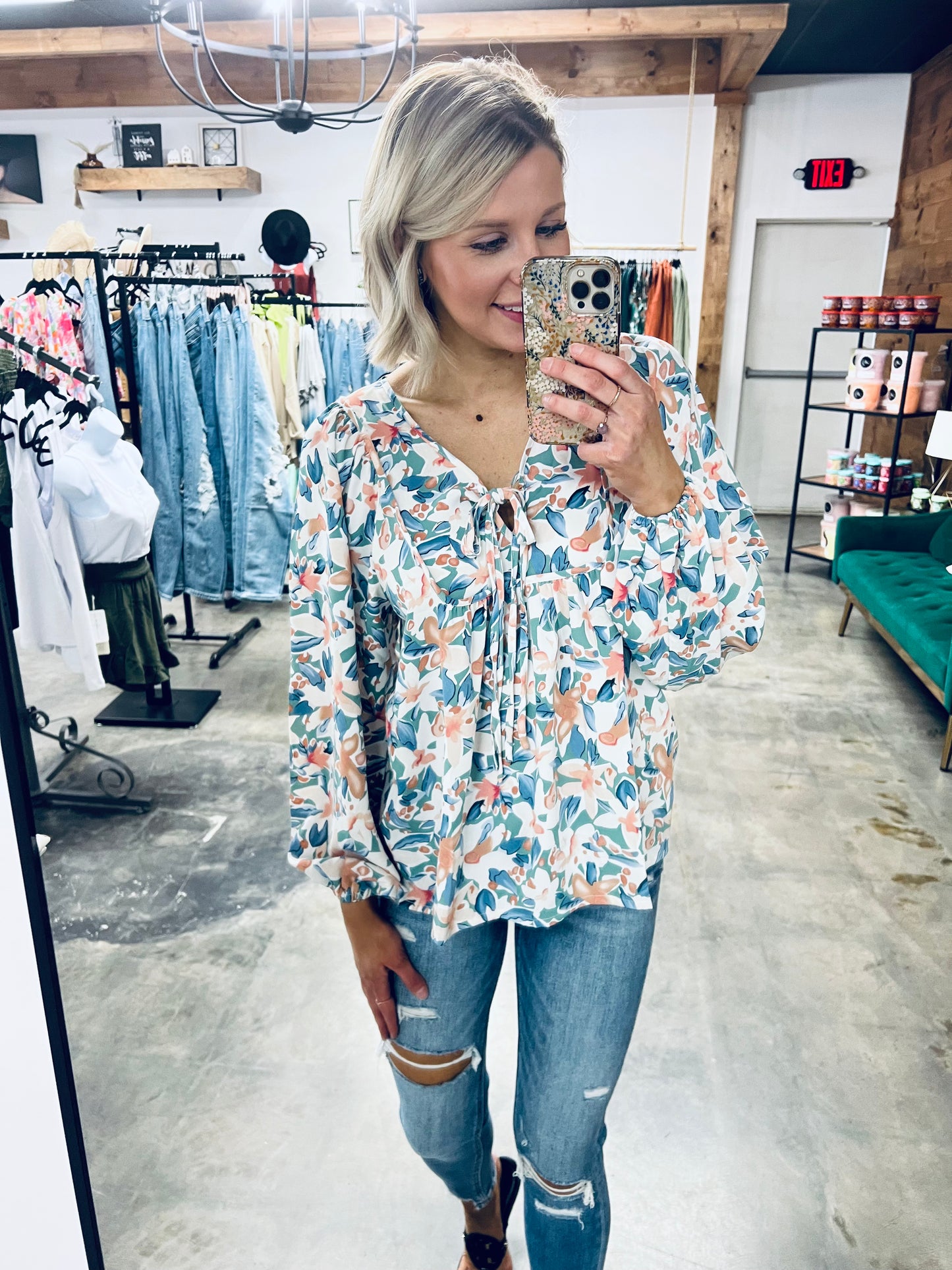 Floral Tie-Neck Long Balloon Sleeve Blouse
