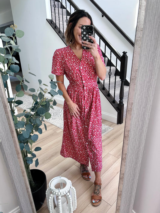 Ditsy Floral Button Front Tied Puff Sleeve Dress