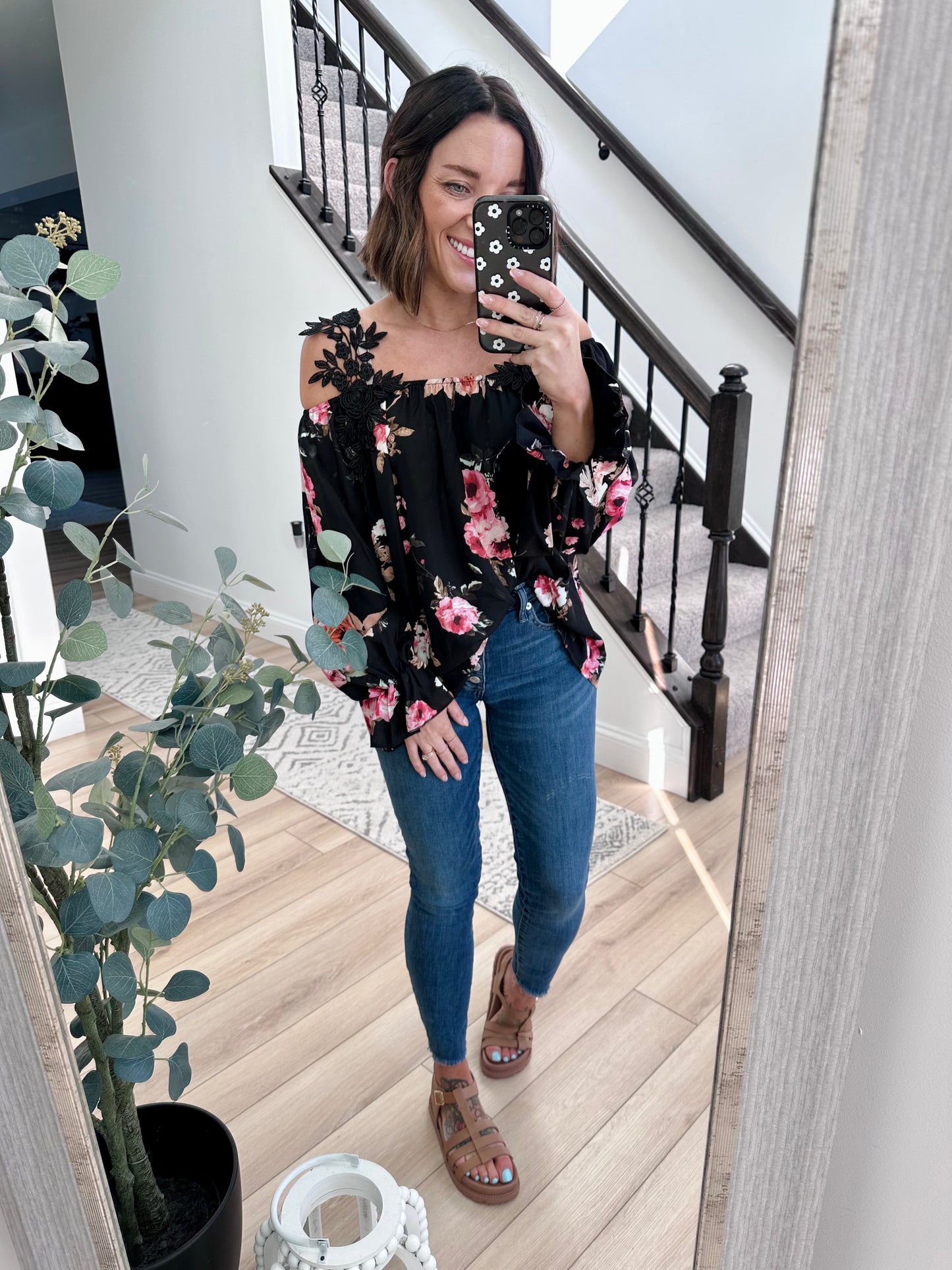 Floral Lace Cold-Shoulder Flounce Sleeve Blouse