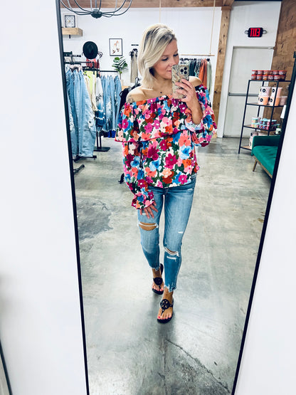 Floral Off-Shoulder Flounce Sleeve Layered Blouse