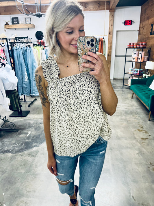 Ditsy Floral Ruffled Square Neck Sleeveless Tank