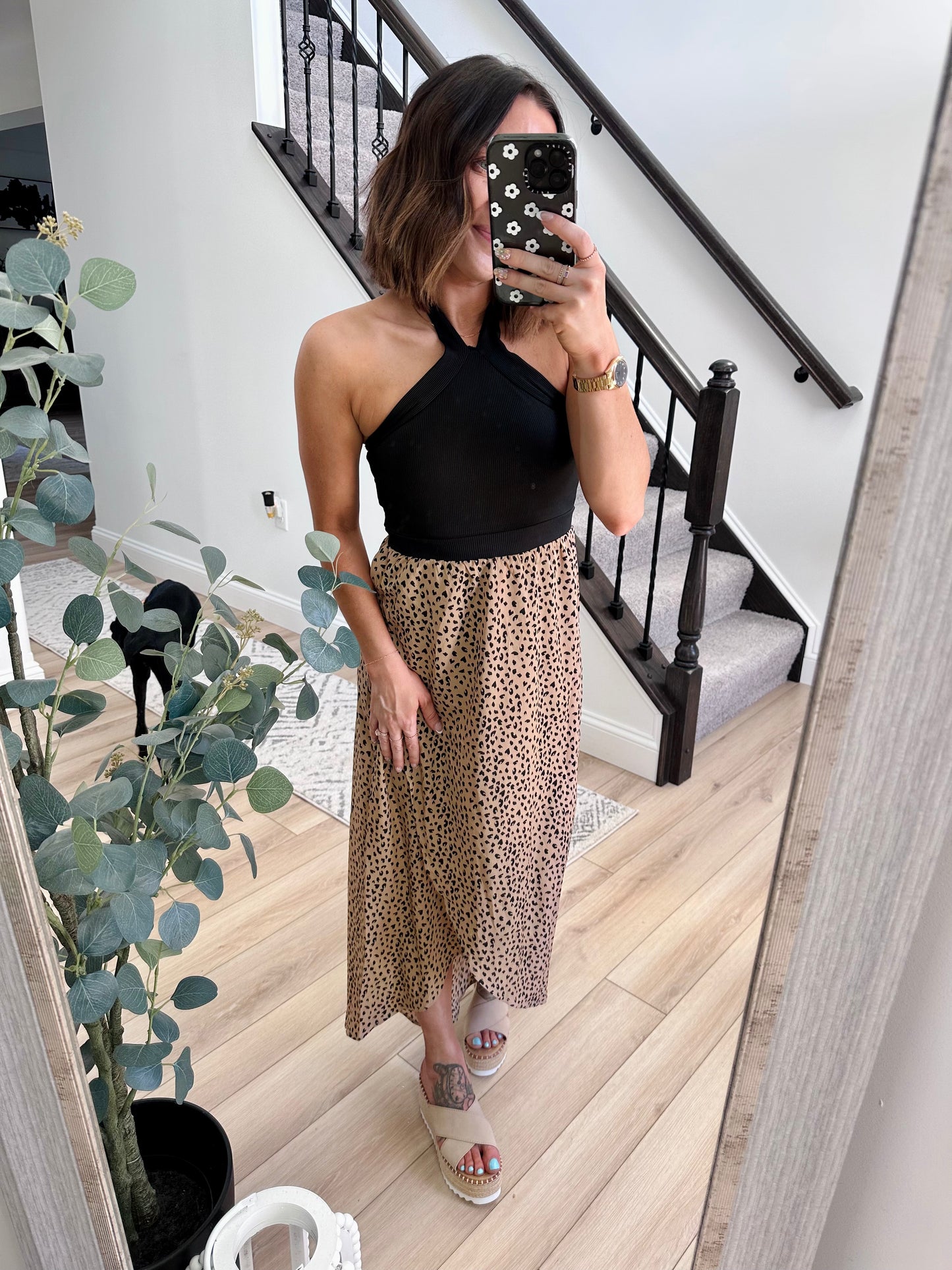 Leopard Two-Tone Halter Neck Split Dress