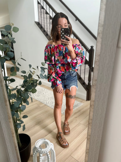 Floral Off-Shoulder Flounce Sleeve Layered Blouse