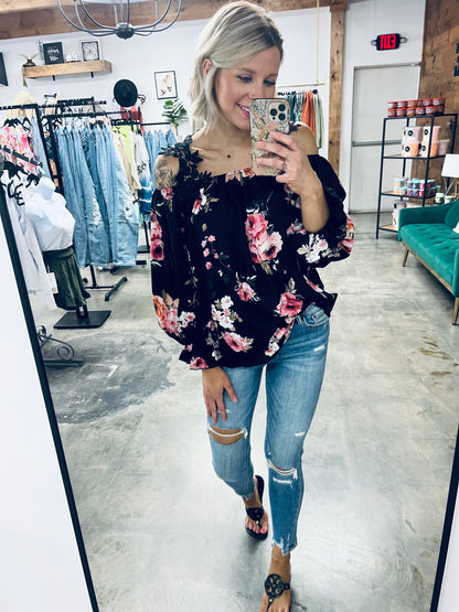Floral Lace Cold-Shoulder Flounce Sleeve Blouse