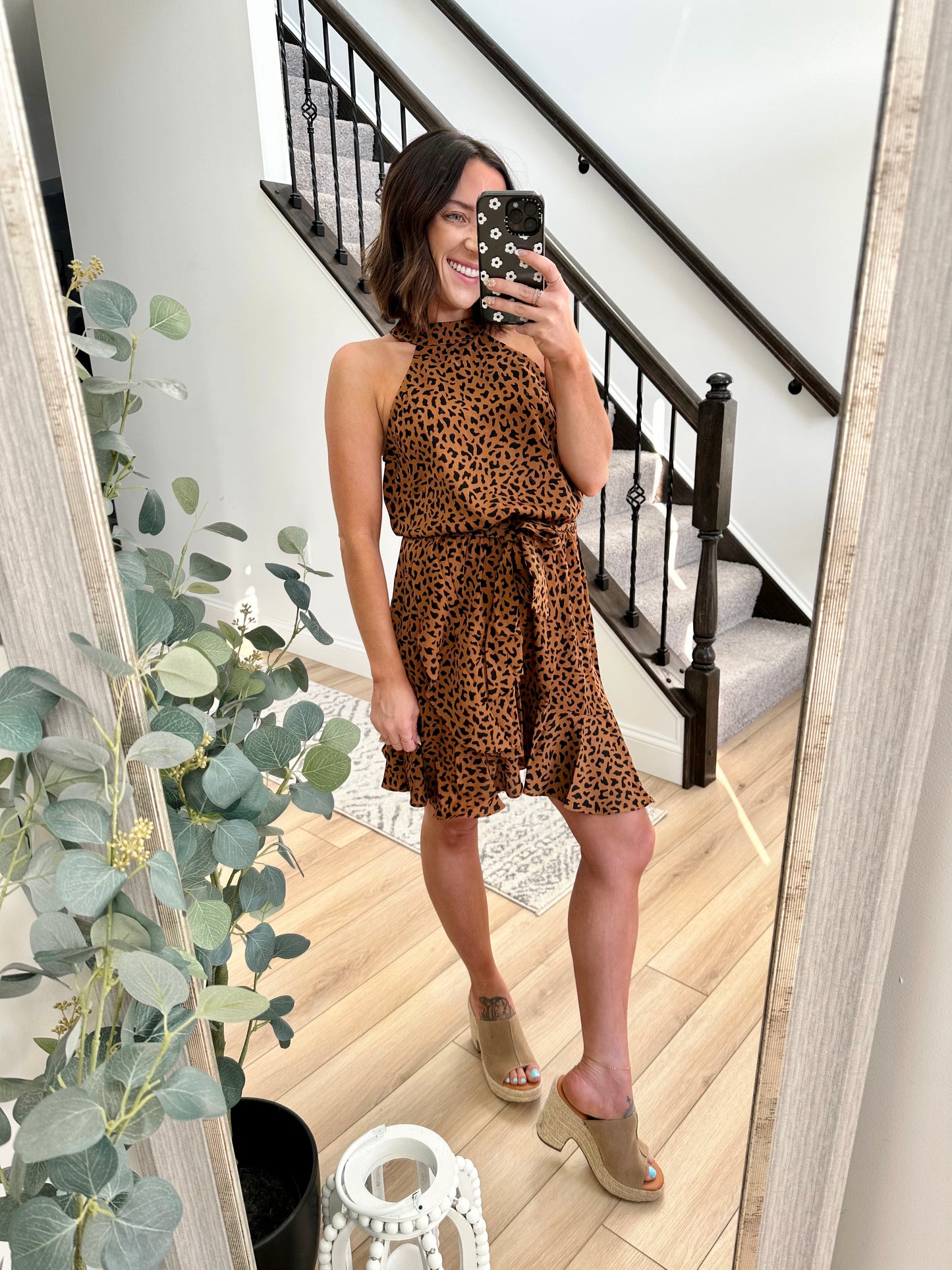 First Love Full Size Leopard Belted Sleeveless Dress