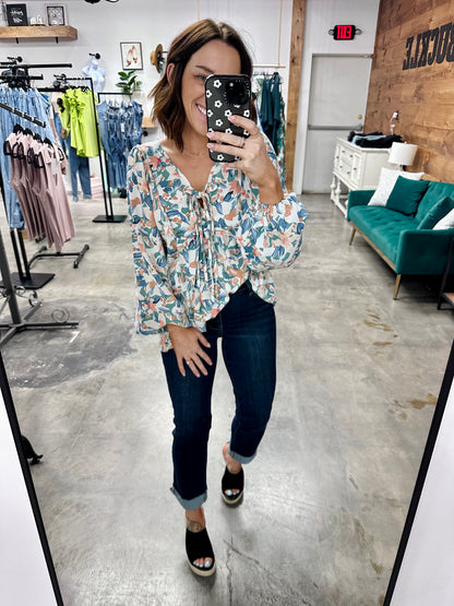 Floral Tie-Neck Long Balloon Sleeve Blouse