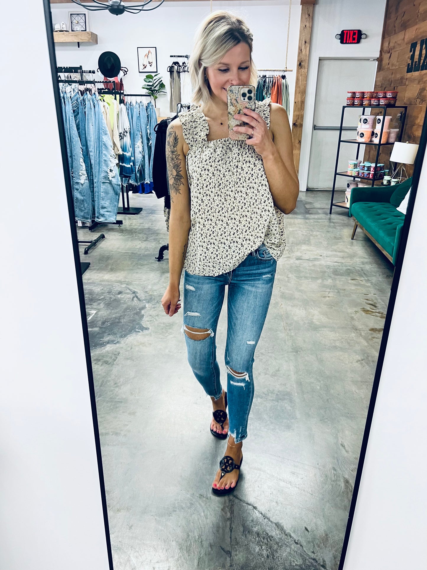 Ditsy Floral Ruffled Square Neck Sleeveless Tank