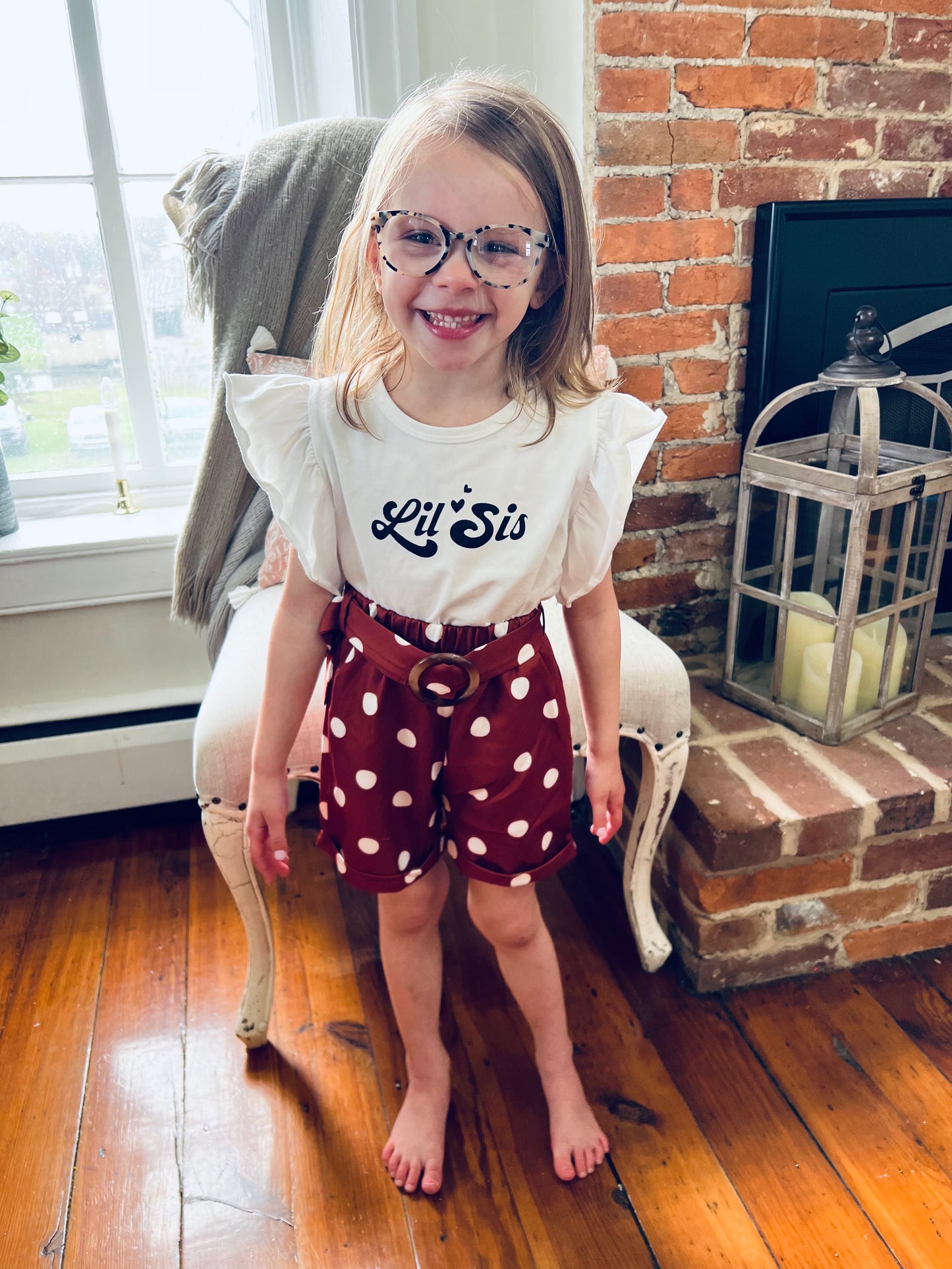 Girls Graphic Butterfly Sleeve Top and Polka Dot Shorts Set