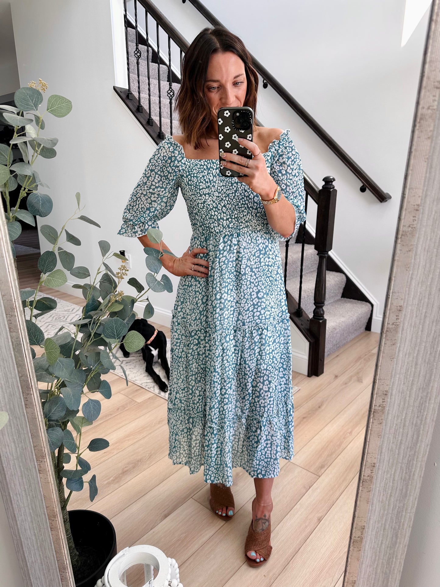 Ditsy Floral Off-Shoulder Smocked Midi Dress