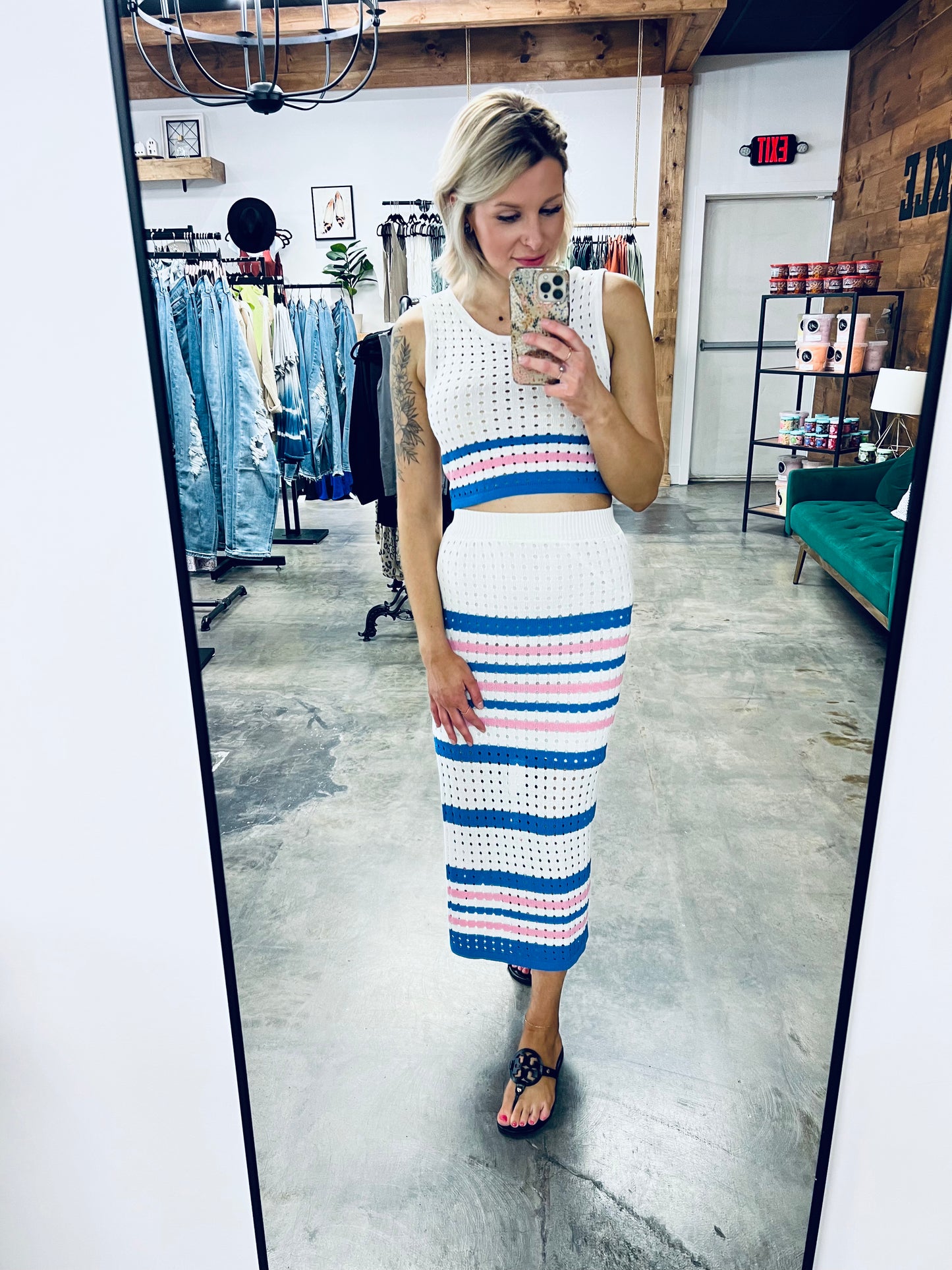 Striped Openwork Cropped Tank and Split Skirt Set