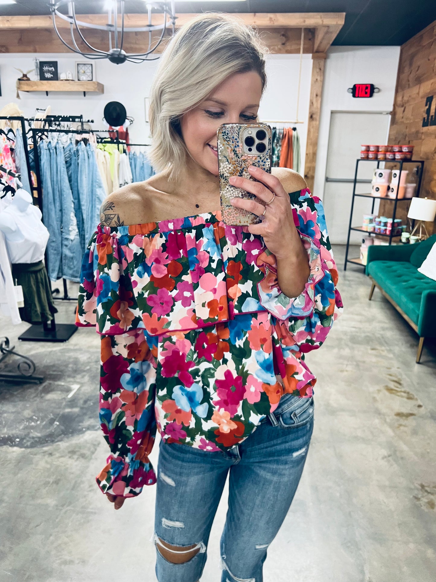 Floral Off-Shoulder Flounce Sleeve Layered Blouse