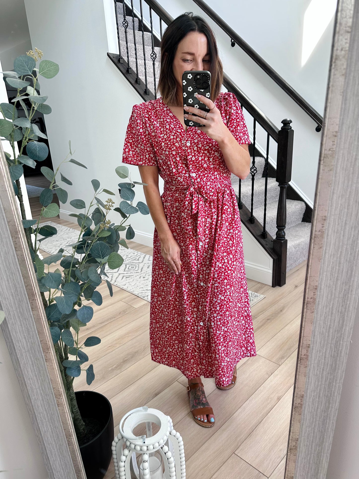 Ditsy Floral Button Front Tied Puff Sleeve Dress