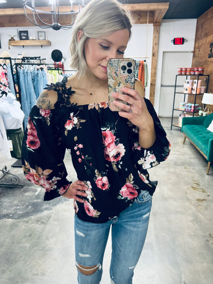 Floral Lace Cold-Shoulder Flounce Sleeve Blouse