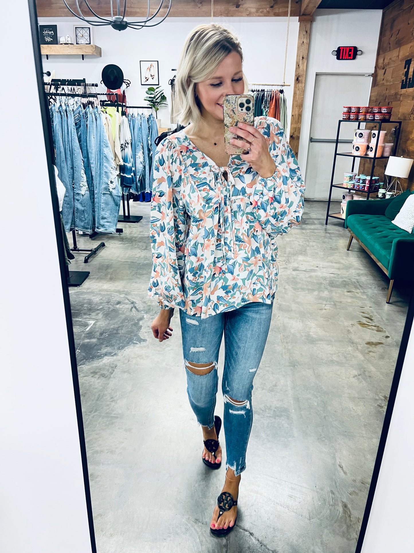 Floral Tie-Neck Long Balloon Sleeve Blouse