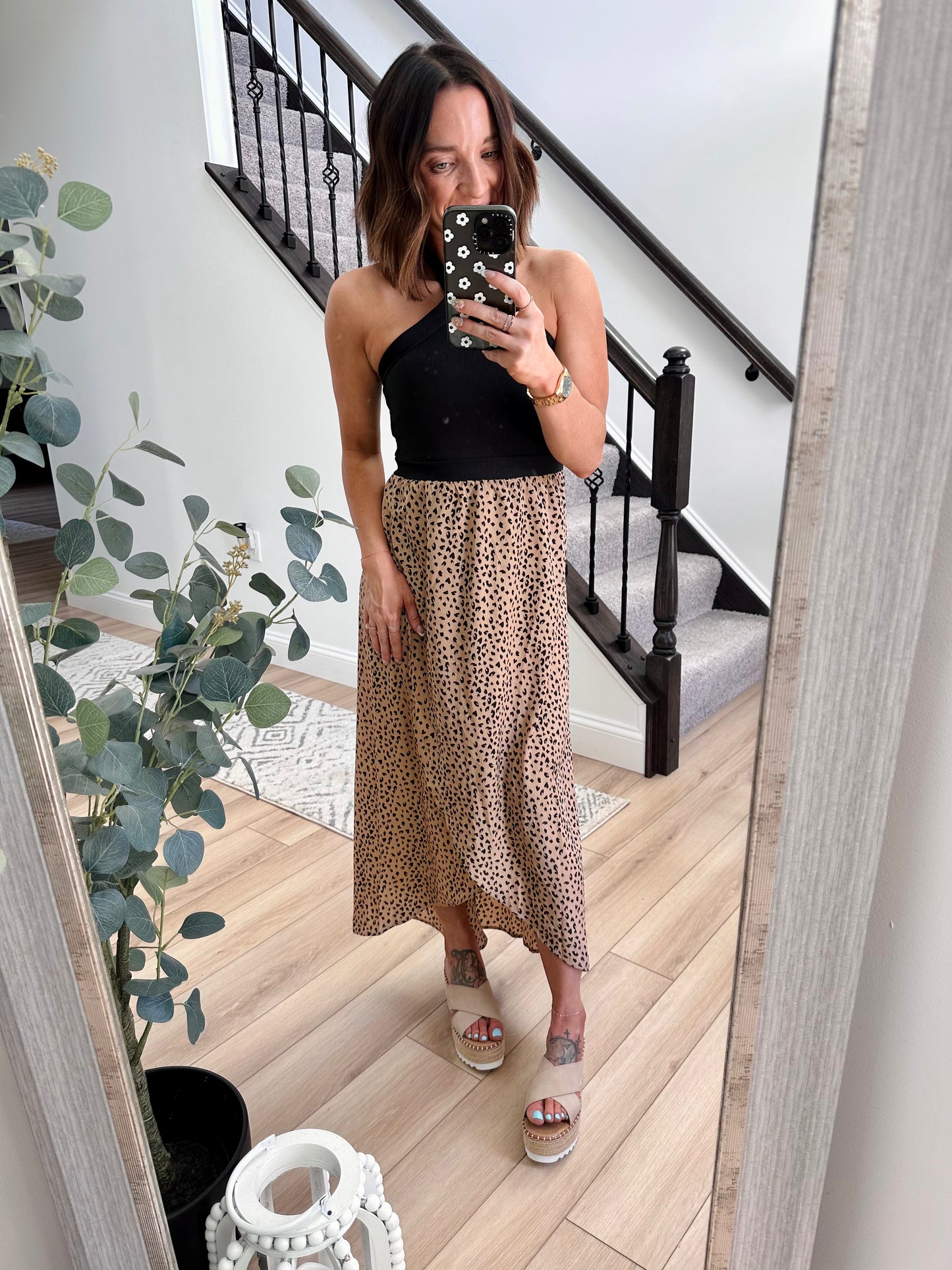 Leopard Two-Tone Halter Neck Split Dress