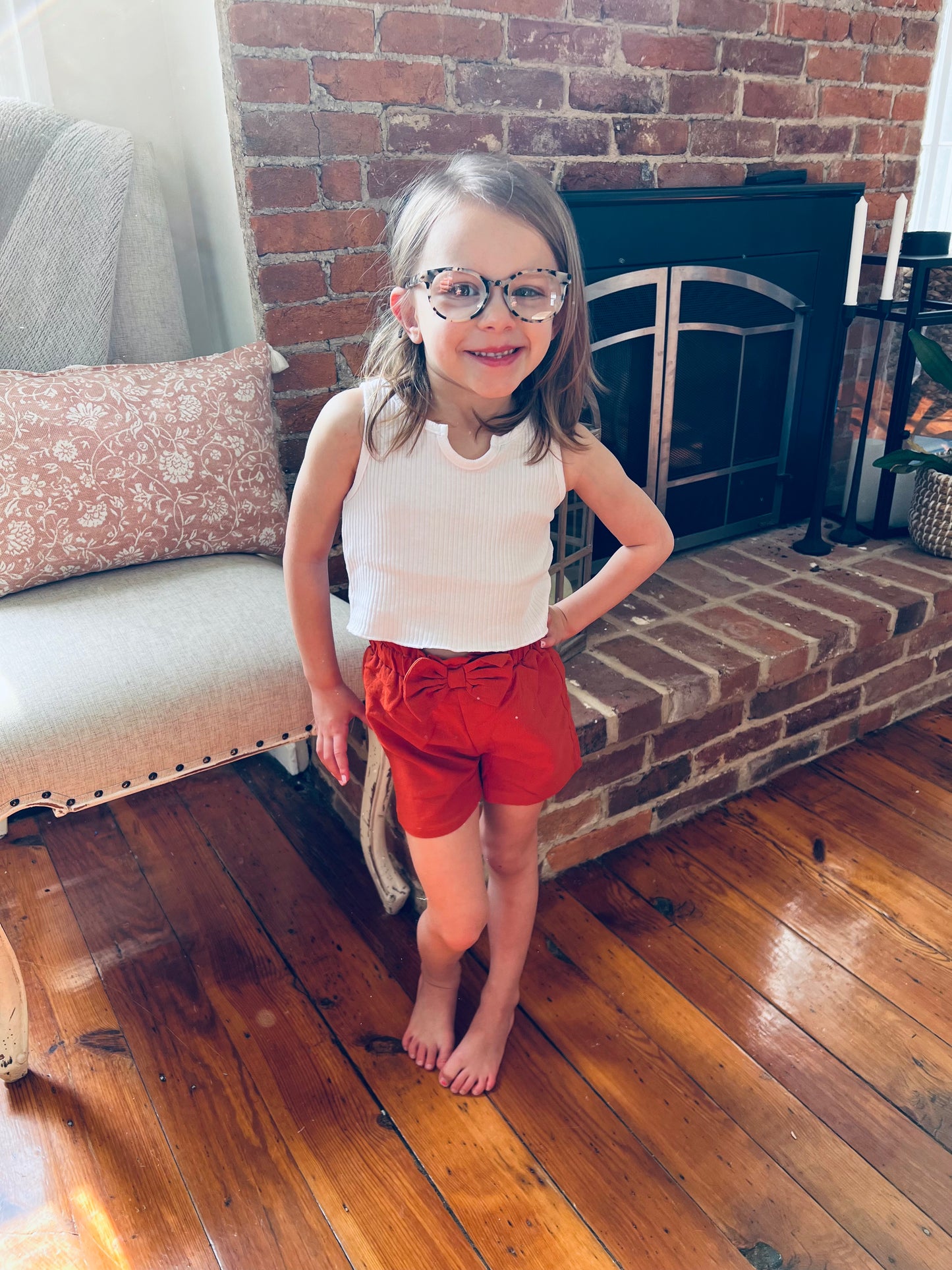 Girls Ribbed Notched Tank and Bow Detail Shorts Set