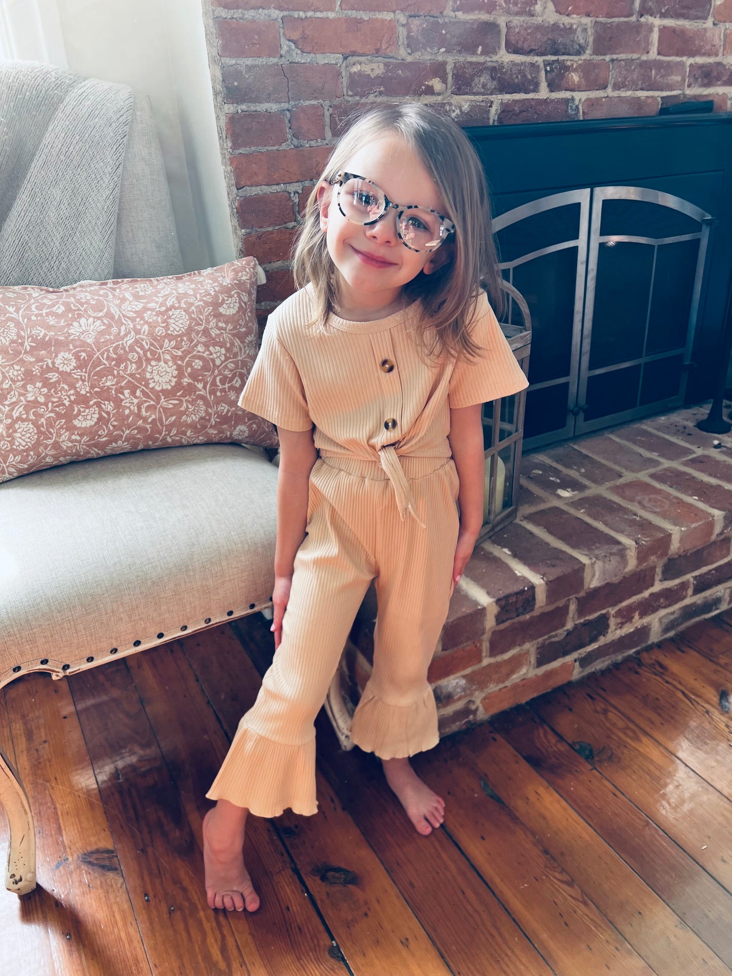 Girls Ribbed Buttoned Top and Flare Pants Set